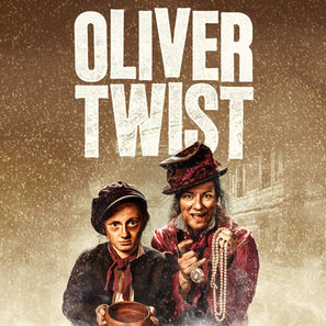 Two characters in Victorian attire, one holding a bowl, the other with jewelry. "Oliver Twist" text above, snowy background, serious mood.