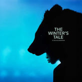 Silhouette of a person and bear against a blue background with text "The Winter's Tale by William Shakespeare" in white. Dramatic mood.