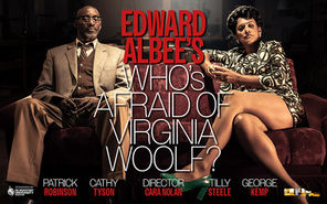 Two people sit on a sofa in an Edward Albee play poster with bold text: "Who's Afraid of Virginia Woolf?" Dramatic, tense mood.