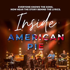 Musicians perform on stage under colourful lights with "Inside American Pie" text above. Stars in the background, vibrant and lively scene. The poster Artwork for Inside American Pie at Curve, Leicester, 2026.