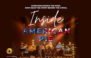 Musicians perform on stage under colourful lights with "Inside American Pie" text above. Stars in the background, vibrant and lively scene. The poster Artwork for Inside American Pie at Curve, Leicester, 2026.