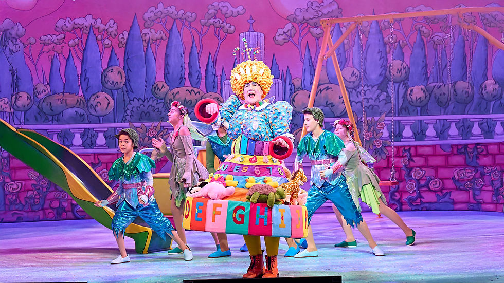 Colorful stage performance with actors in vibrant costumes; one in a cake dress with ABCs. Background: animated garden scene. Playful mood.
