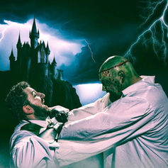 Man fights a monstrous figure near a gothic castle during a thunderstorm. Lightning illuminates the dramatic, eerie scene.