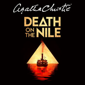 Steamboat on red water before pyramid shape. Agatha Christie's "Death on the Nile" text in gold on black background, creating mystery.