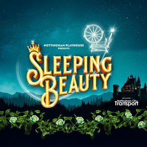 "Sleeping Beauty poster with golden text, a castle silhouette, spinning wheel silhouette in starry blue sky, and green vines with white roses."