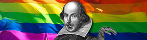 A drawing of William Shakespeare on a gay pride flag