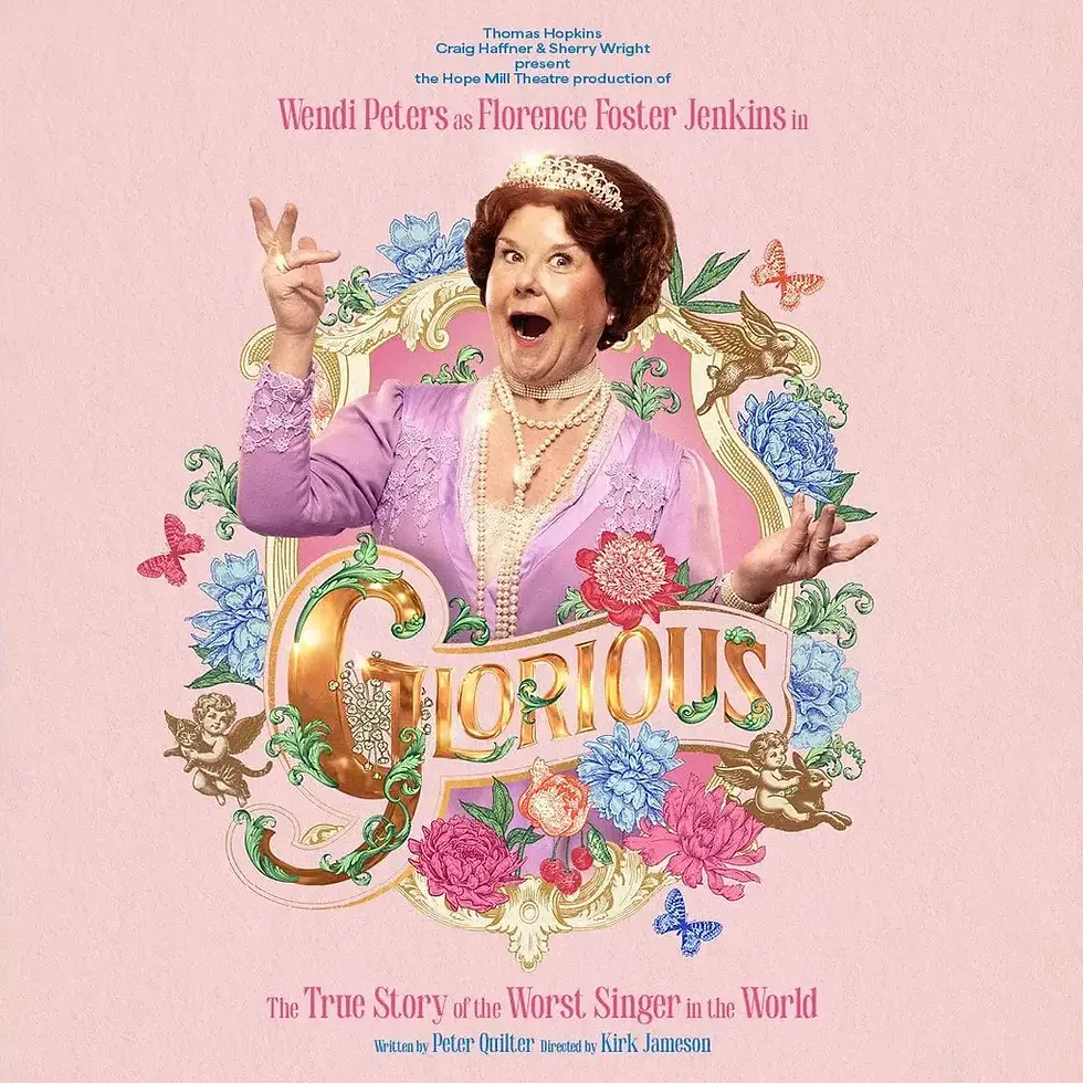 A woman in a pink outfit and tiara poses dramatically against a colourful floral background with text: "Glorious" and shows details.
