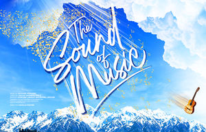 The Sound of Music text in white over blue sky with musical notes and clouds. Snowy mountains below, guitar in corner labeled "Made at Curve."