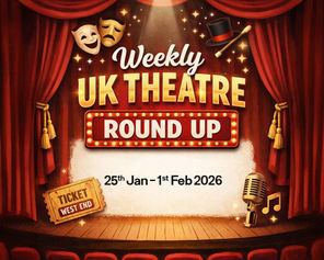 Theatre stage with red curtains, comedy and tragedy masks, top hat, microphone, and date text: "25th Jan–1st Feb 2026." Warm spotlight.
