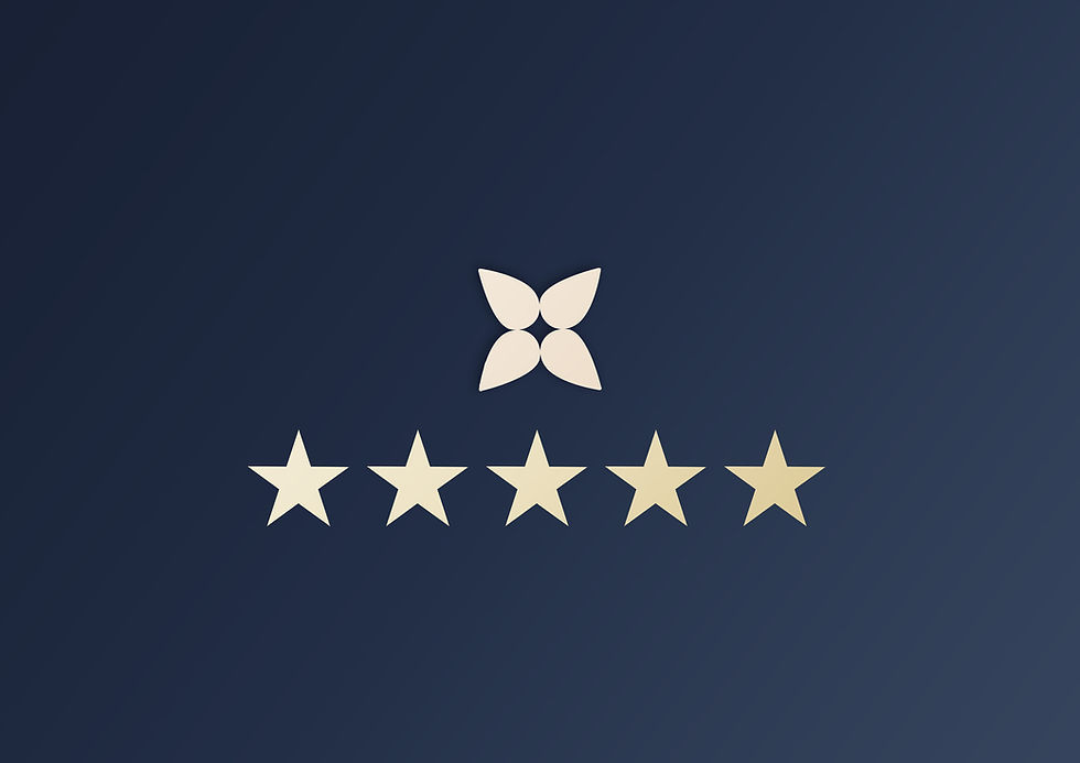 Cream flower icon above five cream stars on a dark blue gradient background, minimalist and elegant.
