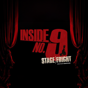 Red curtain parts reveal bold text “INSIDE No. 9 Stage Fright” on black background. Silhouette of a hare in the number 9. Dramatic mood.