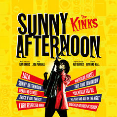 Silhouette of a guitarist in a red jacket on a yellow background. "Sunny Afternoon" text with song titles and credits visible. Vibrant mood.