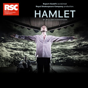 Person in a loose shirt stands with arms outstretched on a stage with wavy ocean backdrop. Text: RSC, Hamlet by William Shakespeare.