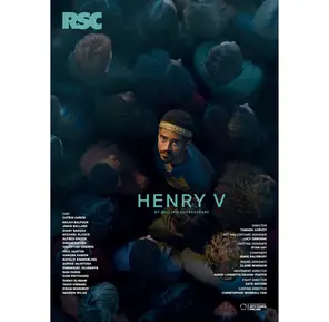 Man in center with crown surrounded by people, viewed from above. Dark hues dominate. Text: "Henry V" and cast details. Moody scene.