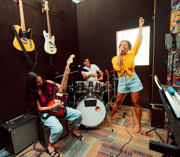 Guests jamming in the recording studio at Hard Rock Hotel Los Cabos