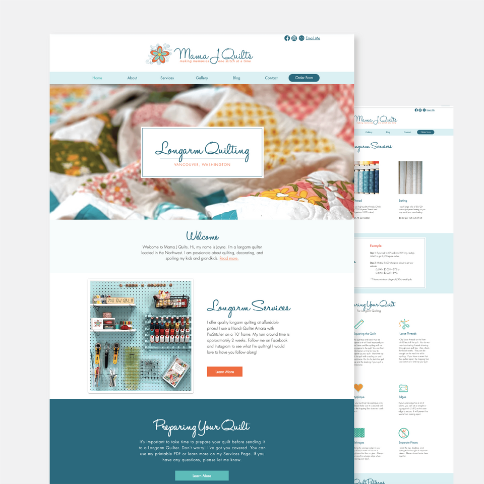 Mama J Quilting website design, custom quilting business