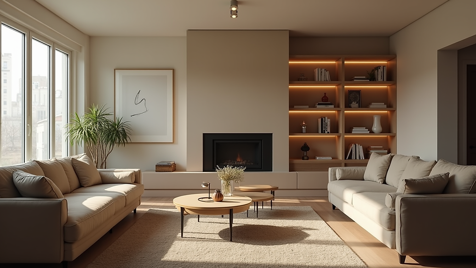 Eye-level view of a cozy living room with a rental setup