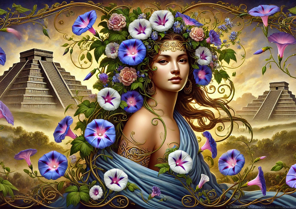 Goddess of Teotihuacan, adorned with cascading Morning Glory