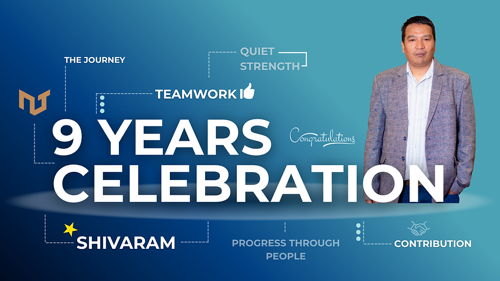 Man in gray jacket on right, blue gradient background, text reads "9 Years Celebration." Words: Teamwork, Congratulations, Shivaram.
