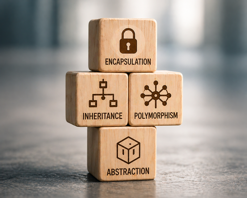 Object-oriented programming concepts including encapsulation, inheritance, polymorphism and abstraction