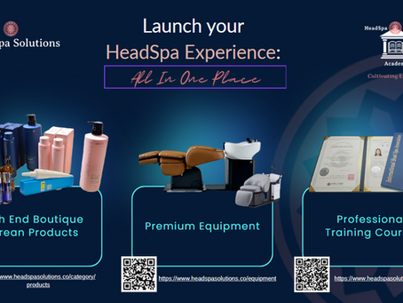 Picture of head spa products, shampoo beds, and training certificate 