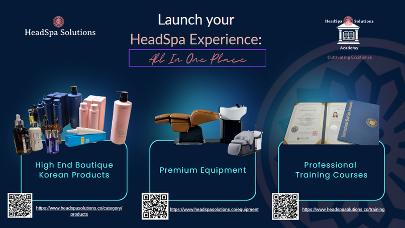 Picture of head spa products, shampoo beds, and training certificate 