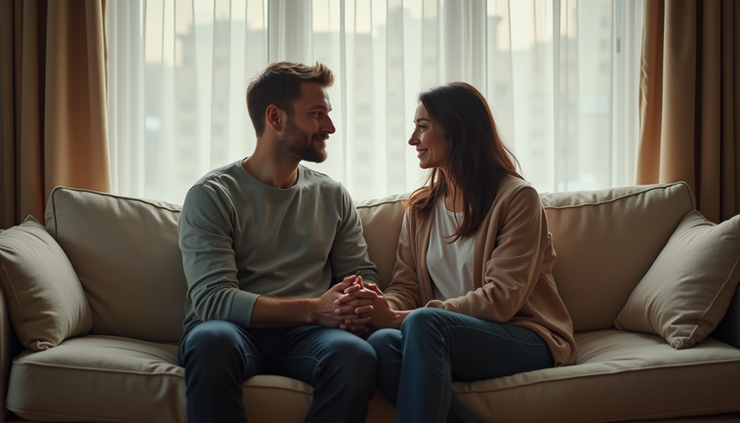Eye-level view of a couple sitting together on a cozy couch, holding hands and talking calmly