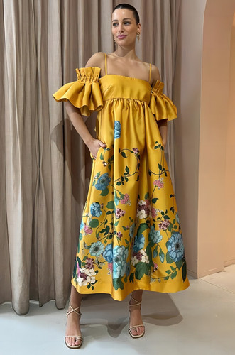 Pleated Floral-Print Satin Dress Mサイズ