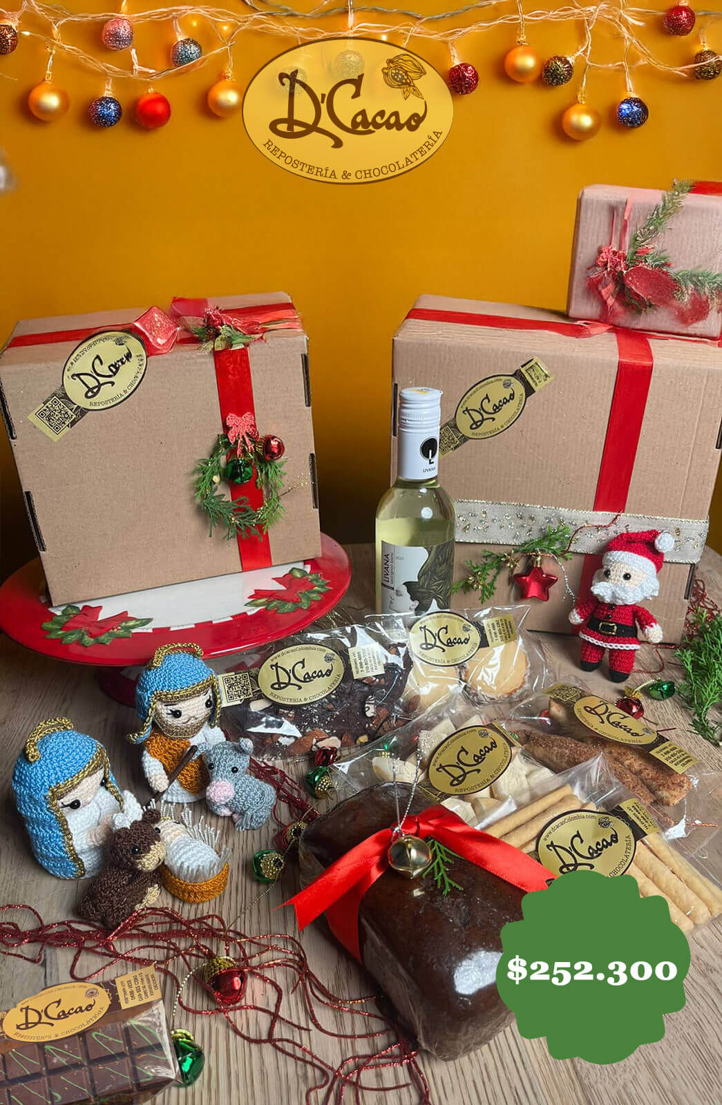 Caja Estrella de Navidad con vino, chocolates D'Cacao, alfajores, dedos veleños, galletas artesanales, palitos de queso y más