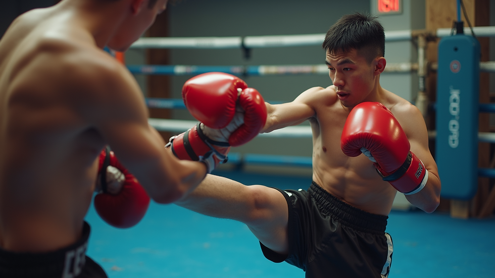 Eye-level view of a young kickboxer practicing a kick in a training session