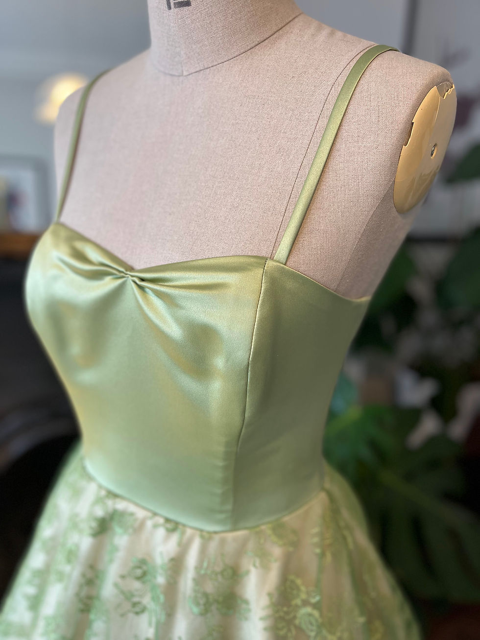 One off apple green lace and satin bridal sample