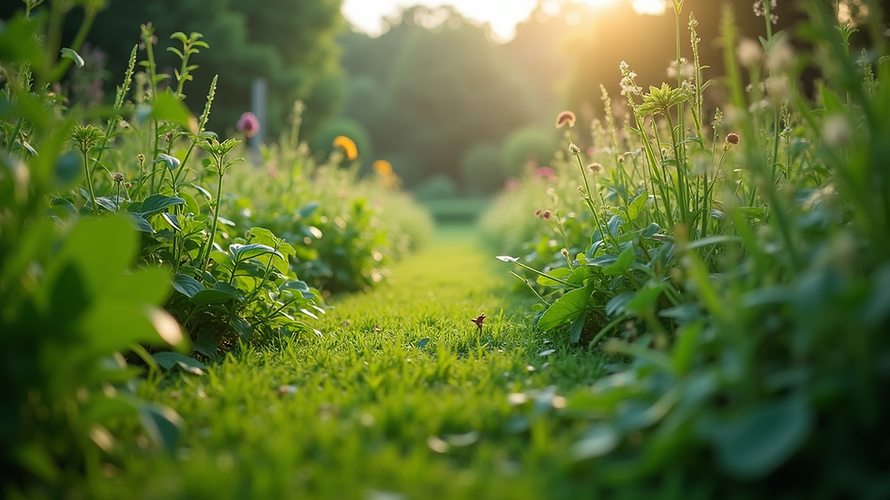Eye-level view of a lush green garden with diverse plants