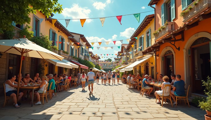 Vue panoramique d'une place de village animée lors d'un festival d'été