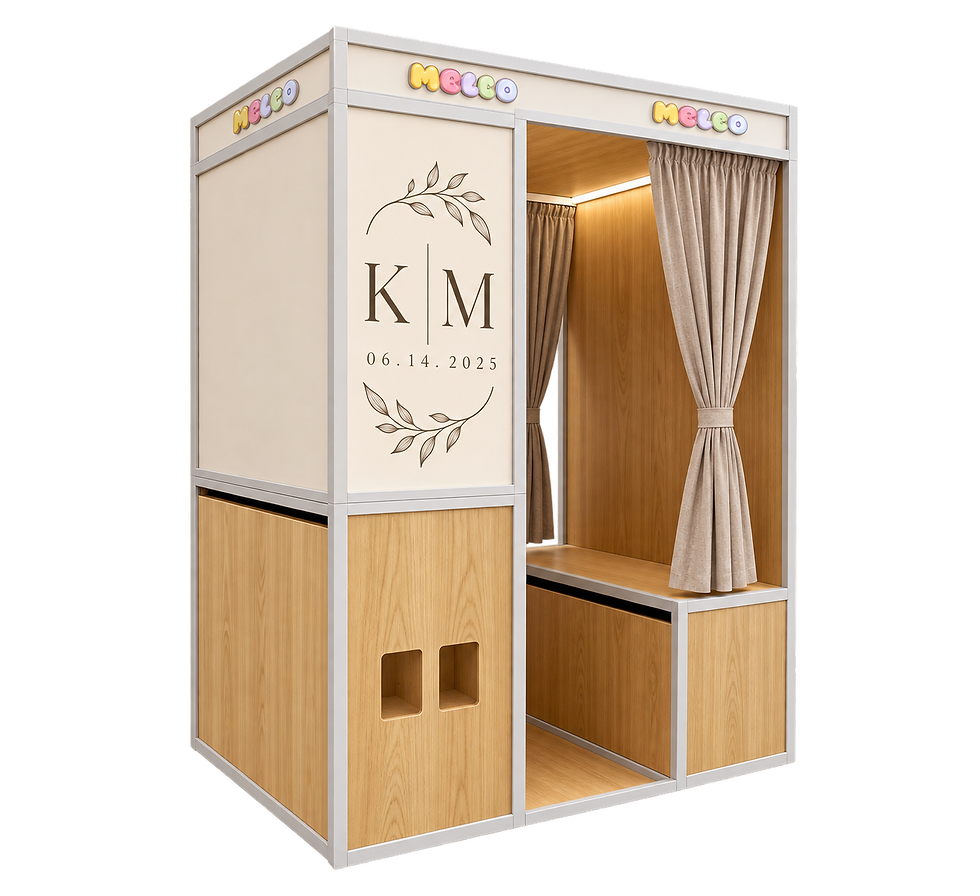 Wedding photo booth mockup featuring natural wood panels, cream curtains, and an elegant personalized vinyl decal with initials and a wedding date.