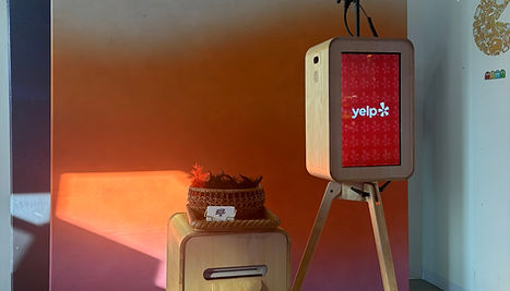 A&A Booths wooden oak photo booth branded activation at Yelp corporate event in Raleigh NC