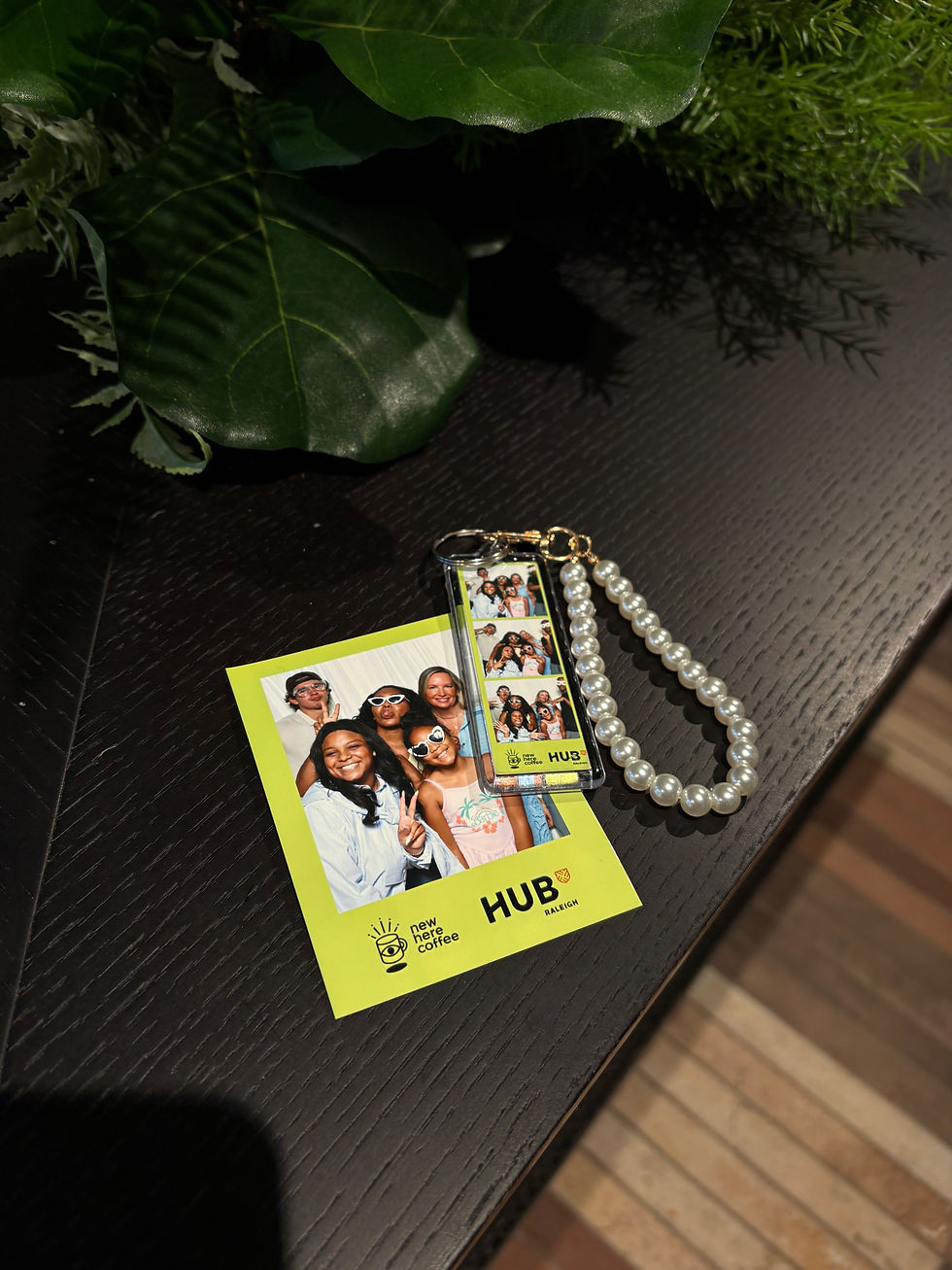 Personalized HUB photo booth print displayed with a custom photo keychain and decorative charms created by A&A Booths.