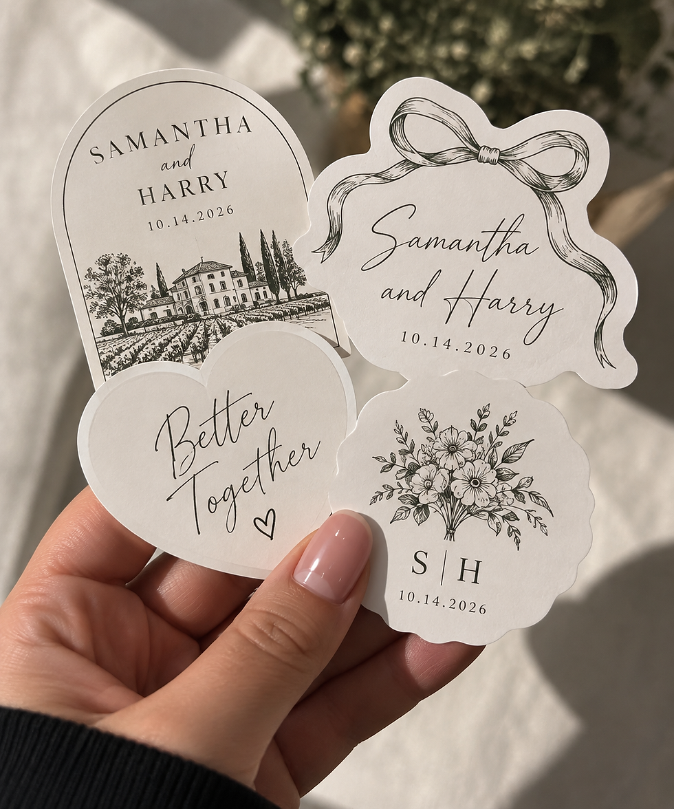 Custom wedding sticker designs featuring couple names, wedding date, venue illustration and personalized artwork