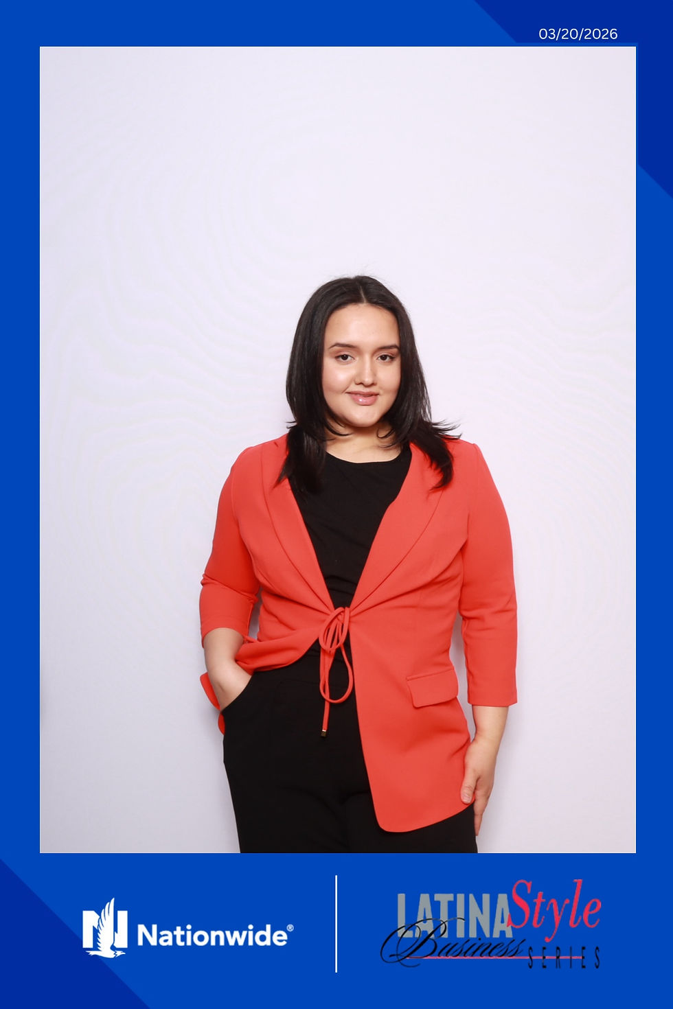 Guest posing for a professional photo booth portrait against a clean white background, ideal for corporate networking events and conferences.