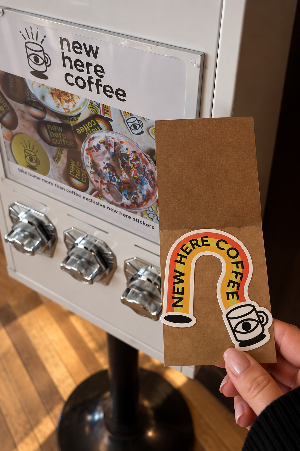 Guest holding a custom sticker after using a vintage sticker vending machine