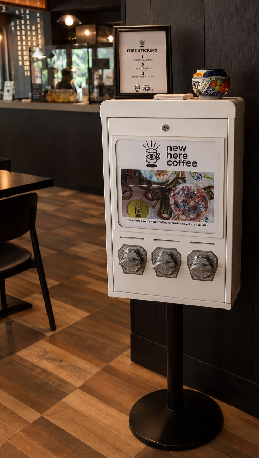 Vintage sticker machine rental in Raleigh NC with custom event stickers and coin-operated dispensers