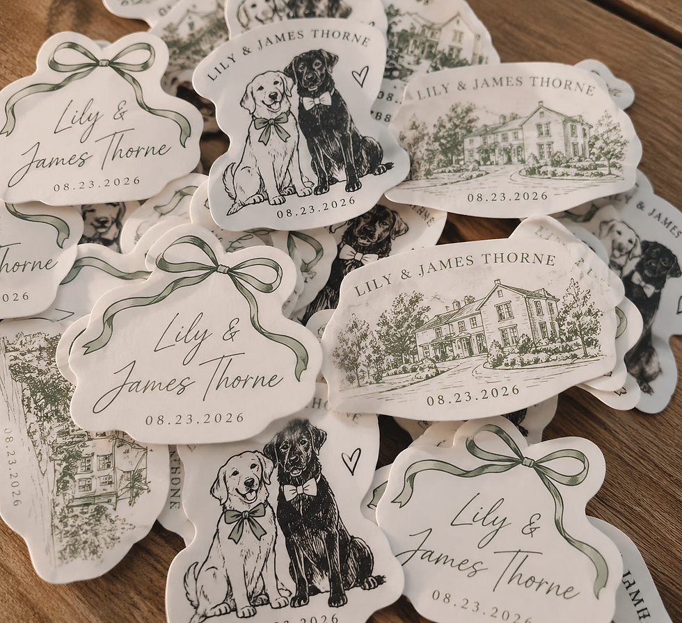 Custom wedding stickers designed for a vintage sticker machine rental with personalized names, date and illustrations