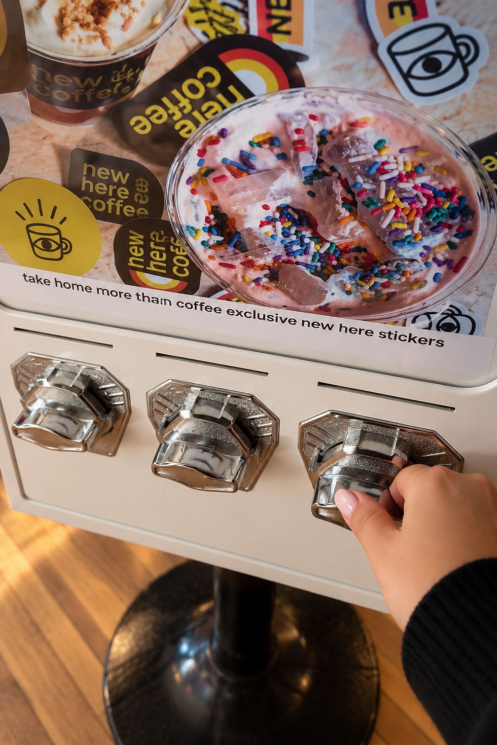 Guest turning the knob on a coin-operated sticker machine to receive a custom event sticker