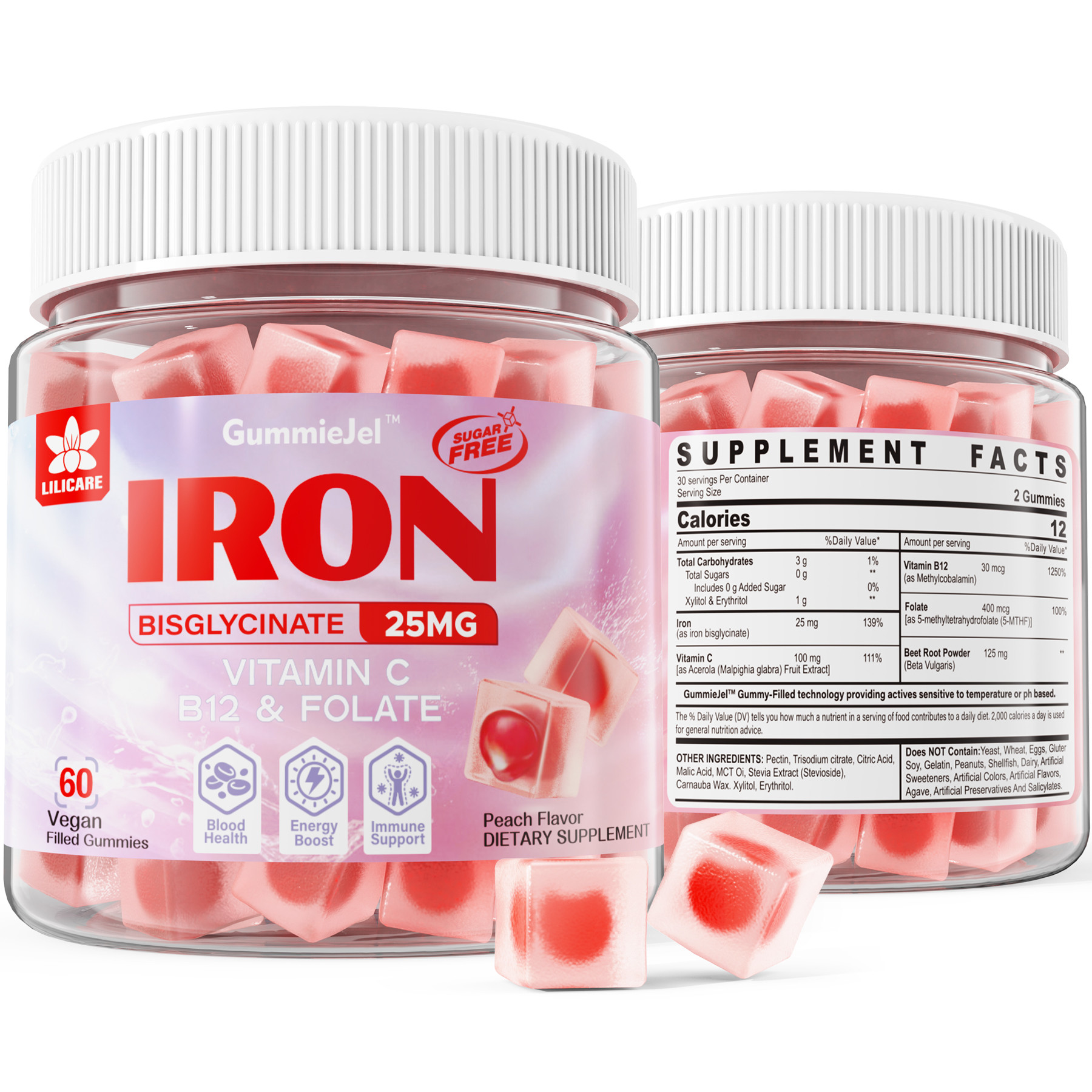 Vegan Iron Gummies Supplement for Women plus Vitamin C 100mg, Beet Root