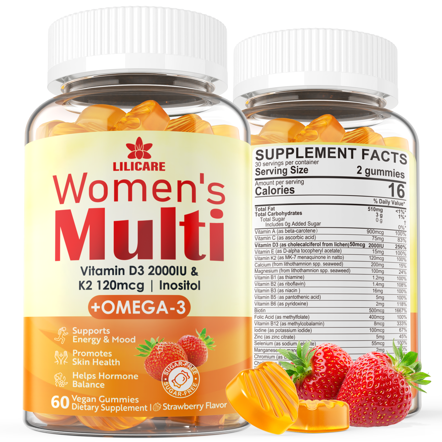 Womens Multivitamin Gummies, Sugar-Free Methylated Multivitamins w/D3 + K2, Vega
