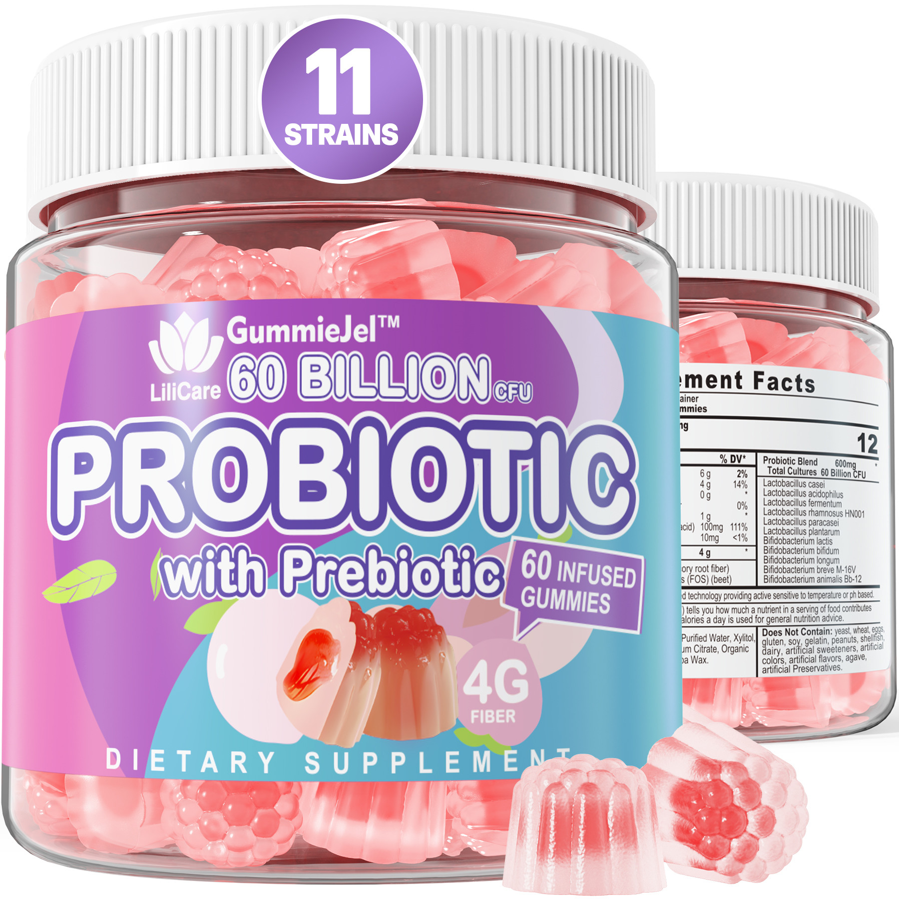Sugar Free Probiotic Gummies 60 Billion CFU 11 Strains with Prebiotics Fiber