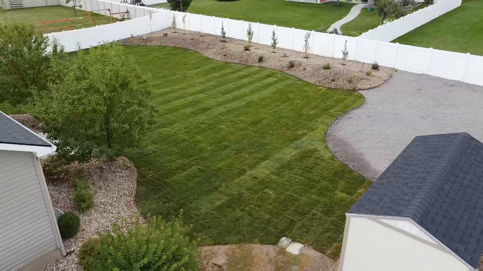 Beautifully designed backyard with SOD grass, steel edging, and freshly planted bushes and trees.