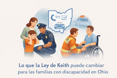 Ilustración de primeros respondedores interactuando de forma calmada con personas con discapacidad en Ohio, representando la Ley de Keith y respuestas más humanas en emergencias.