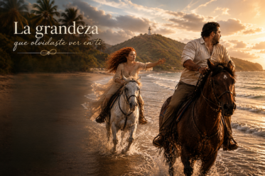 Mujer de cabello rojo rizado intentando alcanzar a un hombre mientras ambos corren a caballo por la playa de Puerto Rico, durante un atardecer dorado, en una escena romántica y cinematográfica inspirada en una novela.