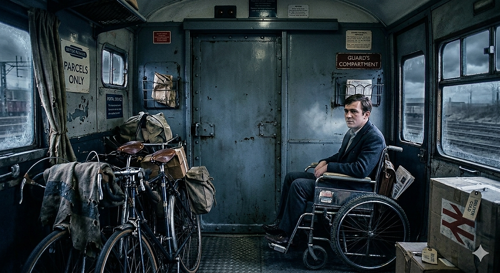 Man in wheelchair gazes out in train cargo area with bicycles, packages, and worn décor. Text reads "Parcels Only" and "Guard's Compartment". Moody.
