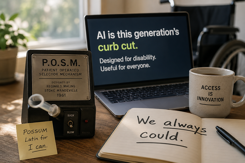 A vintage device, laptop with "AI is this generation’s curb cut," a mug with "ACCESS IS INNOVATION," and open notebook on a sunlit desk.